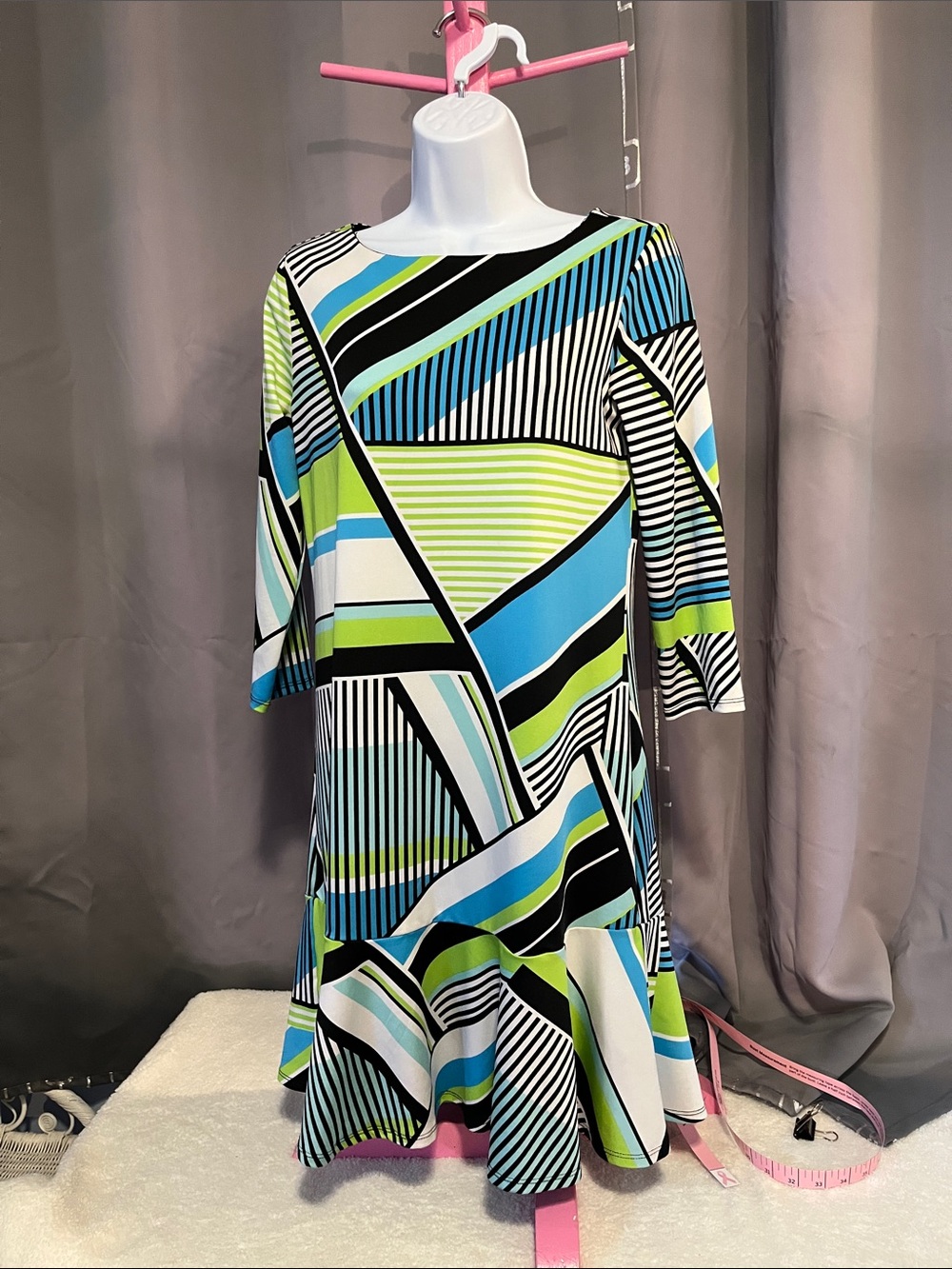new directions Geometric Stripe Midi Dress in Blue and Green